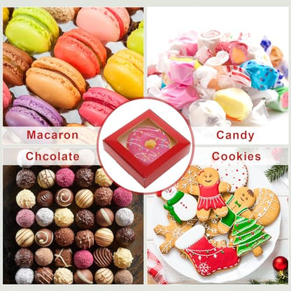 Zonon 30 Pcs Kraft Paper Boxes with Window 4.13 x 4.13 x 1.18 Inch Candy Packaging, Small Gift Boxes, Soap holder, Mini Treat Packaging for Bakery Chocolate Jewelry Display (Dark Red) - color: Dark Red