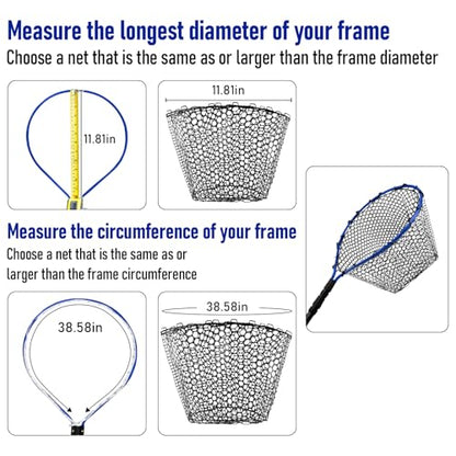 Dr.Fish Fishing Landing Net Replacement Rubber Fishing Net Without Handle Foldable Mesh Netting for Freshwater Saltwater - color: Black, size: A-38.58'' Girth(11.81'' Dia, 8.7*3.9" Depth)