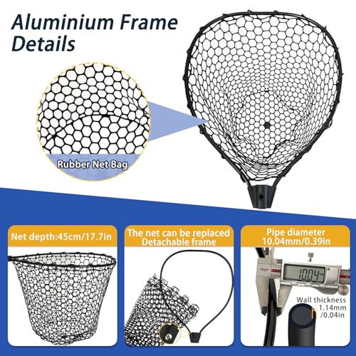 Telescoping Rubber Fishing Net with Handle 64"/46“ Long Silicone Large Fish Landing Net Kayak/Fishpond/Saltwater Extendable Fishing Gear Accessories - size: Black:3-section pole|length:63.7"