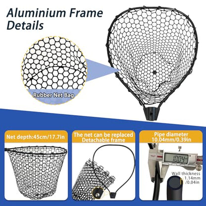 Telescoping Rubber Fishing Net with Handle 64"/46“ Long Silicone Large Fish Landing Net Kayak/Fishpond/Saltwater Extendable Fishing Gear Accessories - size: Black:3-section pole|length:63.7"