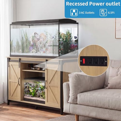 VOWNER Farmhouse 55-75 Gallon Fish Tank Stand with Power Outlet, Natural | Aquarium Stand with Storage Cabinet and Sliding Barn Door, Heavy Duty Reptile Tank Stand, for 2 Tanks, 1000LBS Capacity - color: Natural