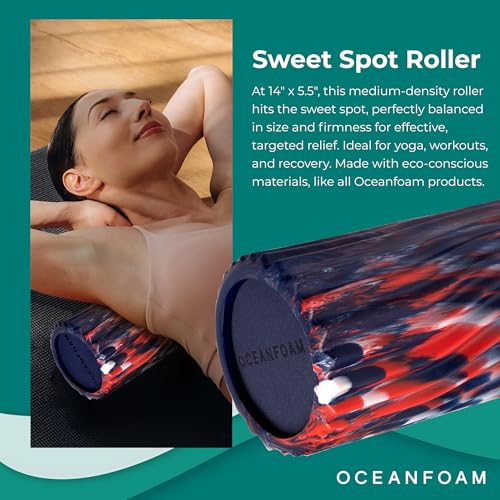Oceanfoam Sweet Spot Medium Exercise Foam Roller 14"x5.5" – Medium Density Travel Foam Roller for Physical Therapy, Deep Tissue Massage, Yoga, Pilates, Wave Texture (Dark Navy, Red & Natural Marbled) - color: Dark Navy, Red & Natural Marbled