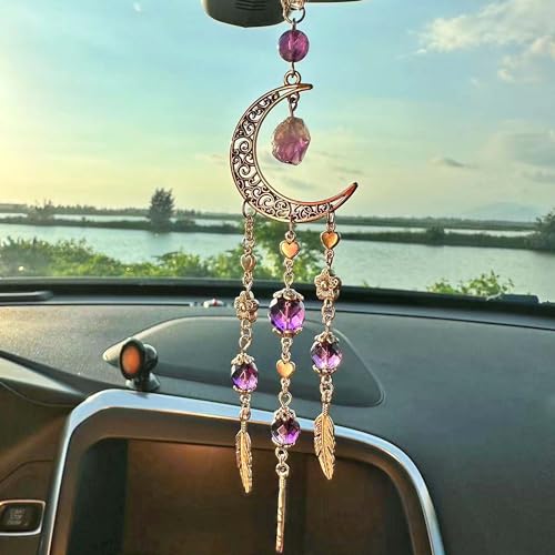 Hanging Car Charm, Handmade Car Mirror Hanging Accessories Rear View Mirror Decorations Crystals Stones Ornament Car Decor for Women Healing Crystal Accessories (Faceted Amethyst Moon) - color: Faceted Amethyst Moon