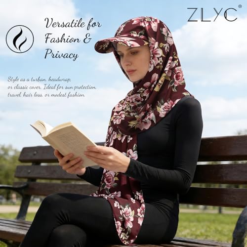 ZLYC Women Muslim Hijab Scarf with Visor Built-in Undercap Sun Protection Headwrap - color: Floral Burgundy