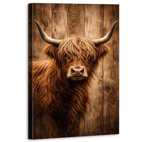 Vintage Highland Cow Canvas Wall Art Longhorn Cow Wall Decor for Kitchen Rustic Farmhouse Animal Picture Cabin Home Decor Living Room, Country Cattle Painting Poster Wood Grain Prints Artwork 12x16” - color: Retro Cow, size: 12"L x 16"W