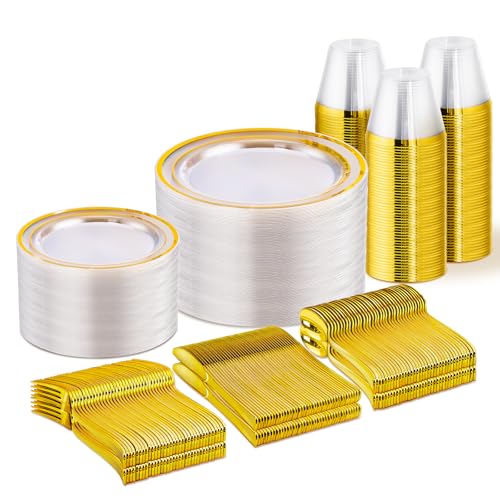 WELLIFE Clear and Gold Plastic Plates, Dinnerware Set for 75 Guests - color: Clear Gold, size: 75 Guests