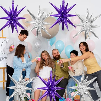 6 Pcs Silver Star Foil Balloons One-Piece 14-Pointed Star Balloon 4D Starburst Cone Mylar Balloon 22inch Christmas Birthday Wedding Wedding Anniversary Party Supplies (Silver + Purple) - color: 22 Inches Silver + Purple