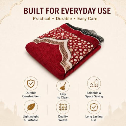 Modefa Turkish Islamic Prayer Mat - Wide Chenille Praying Mat - Multi Person Muslim Janamaz Sajada for Family - Large Gathering & Group Praying Carpet - Selcuk Star 3 Person (Red) - color: Red
