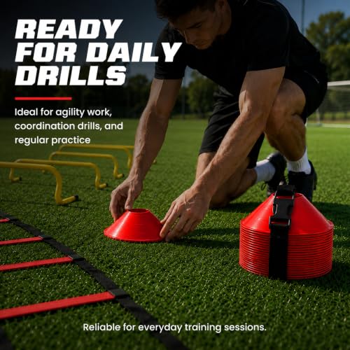 American Challenge Large Disc Cones – Set of 6 Agility Cones for Sports Training – Compact Soccer Cones with Carry Strap for Drills & Practice - color: Red