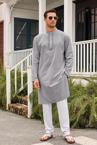 Runcati Mens Kaftan Thobe Button Down Casual Henley Shirts Long Sleeve Robe Cotton Linen Muslim Gown Shirt - color: Grey, size: Medium