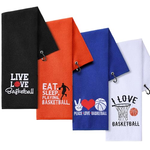 VitalCozy 4 Pieces Funny Basketball Towel 16 x 24 Inch Embroidered Basketball Sweat Towels with Clip Workout Towel Hand Bath Towels Basketball Player Sports Gifts for Men, 4 Styles - color: Bright, style: Basketball