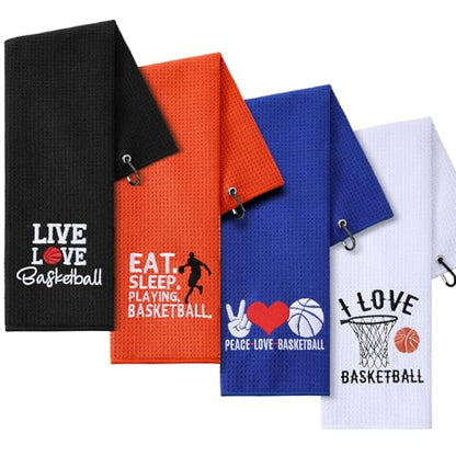 VitalCozy 4 Pieces Funny Basketball Towel 16 x 24 Inch Embroidered Basketball Sweat Towels with Clip Workout Towel Hand Bath Towels Basketball Player Sports Gifts for Men, 4 Styles - color: Bright, style: Basketball