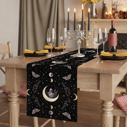 Whimsical Moon Table Runner Mysterious Dark Cosmic Crystal Purple Moths Flower 13x70 Inches Long Cotton Linen Table Runner Burlap Style for Dinner Table Party Decor Tabletop Decorations - size: 13" x 70"