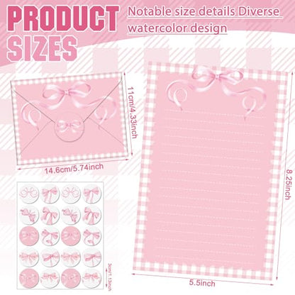 TaoBary 160 Pcs Pink Bow Stationery Paper Set for Girls with Stationery Letter and Envelopes 50 Double Sided Papers with 50 Matching Envelopes and 60 Round Dot Sticker 10 Design (5.5 x 8.25 Inch) - size: 8.25 x 5.5 Inch, style: Pink Bow