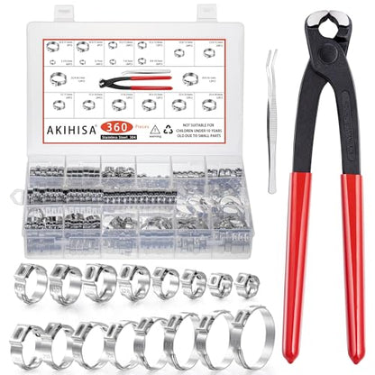 AKIHISA 360Pcs 16 Sizes Single Ear Hose Clamps, 5.3-36.1mm Stainless Steel_304 Crimp Hose Clamps Cinch Rings Assortment Kit for Automotive, Pipe, Plumbing - size: 360Pcs (5.3-36.1mm)