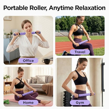 Muscle Roller & Massage Roller Stick for Athletes - Lymphatic Drainage Support, Relieves Muscle Soreness, Cramping & Tightness - Targets Legs, Arms, Back & Calves （Purple Wheel） - color: Purple