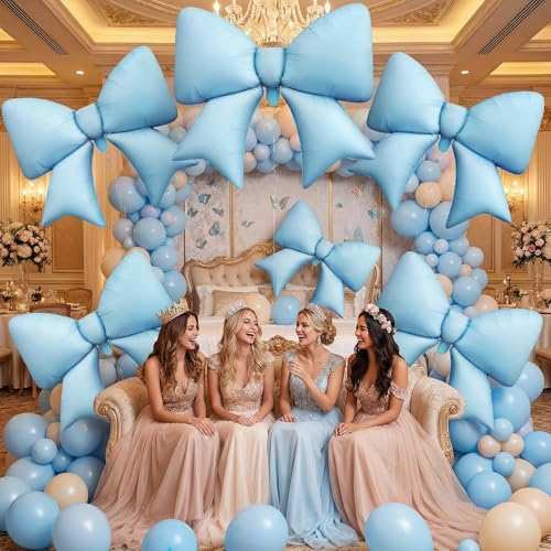 Blue Bow Balloons, 6 Pcs Large Foil for Baby Shower Gender Reveal Party - style: Blue Bow