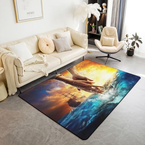 Manfei The Hand of God Kids Area Rug,God Reaching Into Water Indoor Floor Mat Entrance Rug for Girls Boys,Western Blue Ocean Bible Non Slip Rug,Blue Orange Couch Living Room Decor,3'x5' - color: Blue Orange, size: 3'3" x 4'11" (Rectangular)