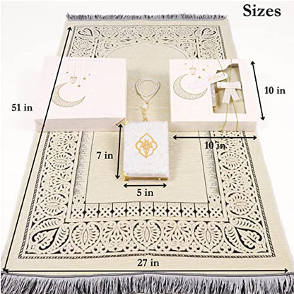IEF Muslim Prayer Rug Islamic Prayer Mat Quran Prayer Beads Gift Set, Ramadan Eid Gifts, Birthday Gifts for Women, Mothers Day Gifts, Velvet Prayer Rug Arabic Quran Pearl Tasbeeh - color: Beige with Bag