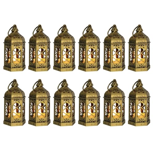 12-Pack Mini Gold Lanterns with Flickering LED Candles for Ramadan, Small Decorative Hanging Lanterns for Halloween, Christmas, Wedding, Lantern for Table Centerpiece, Garden Party Decor - color: Gold Brushed