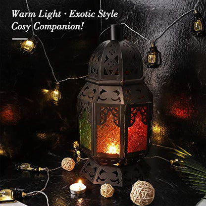 Lewondr Ramadan Lights, Retro Iron Ramadan Candle Lantern with Moon Shape Ramadan Desk Lamp Décor for Home Bedroom Romantic Bedside Desktop Nightstand Decoration