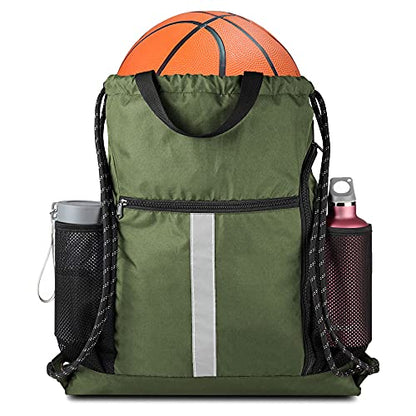 BeeGreen Moss Green Drawstring Bag Pack Sport Cinch Sack with Shoe Compartment and Two Side Mesh Pockets Heavy Duty Gym String Backpack for Unisex - color: Moss Green, style: Drawstring With Shoe Compartment