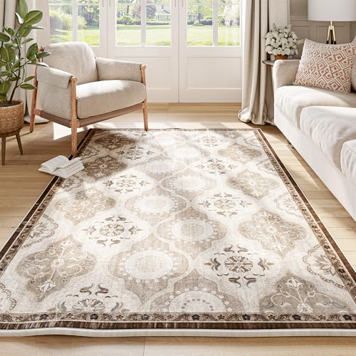 EnHomee Area Rugs 3x5, Soft Washable Rugs for Living Room Bedroom, Boho Non Slip Low Pile Stain Resistant Washable Rug Large Carpet for Dining Room,Easy to Clean Living Room Rug, Khaki - color: Khaki, size: 3x5