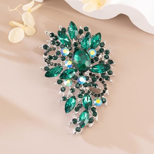 SELOVO Women's Rhinestone Crystal Wedding Flower Leaf Sparkle Brooch Pin - color: Green