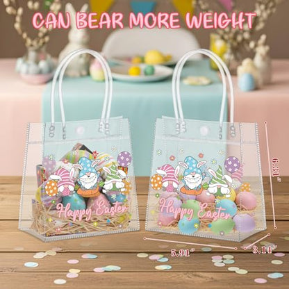 Aliceset 24pcs Happy Easter Gift Bags Bulk - Easter Clear PVC Bunny Gift Bags with Handle Reusable Candy Party Favor Totes for Snack Candy Treat Party Favor (Gnome, 6.31"x 5.91"x 3.15") - style: Easter Gnome