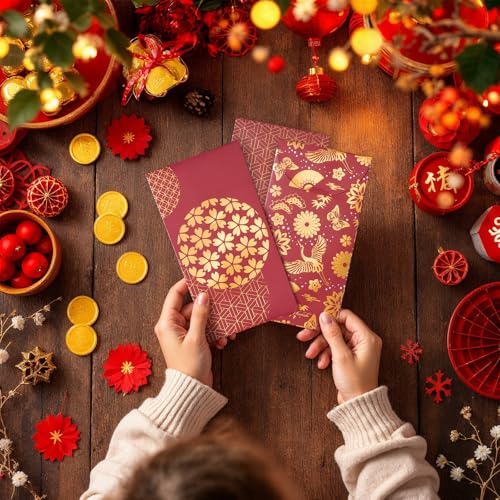 Chinese New Year Red Envelopes, 25-Count 2026 Lunar New Year Red Packets, Hong Bao with Gold Foil Design, Gift Money Envelopes, Brocade Elegance, 5 Designs - color: Brocade Elegance