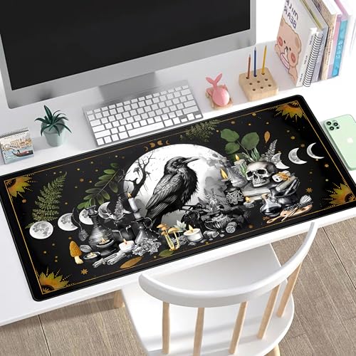 Cute Kawaii Raven Desk Mat XXL Large Extended Gaming Mouse Pad Nature Forest Gothic Mousepad with Stitched Edges, Anime Skull Laptop Keyboard and Mouse Mat Desk Pad for Work Game 31.5x15.7 in - color: Anime Black Crow