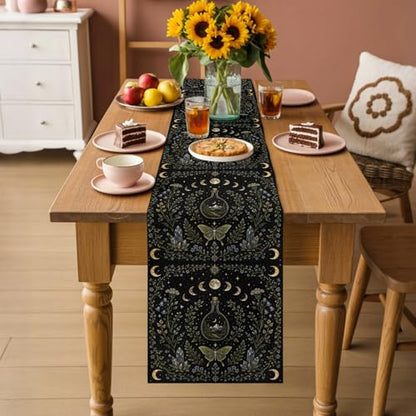 Whimsical Lunar Table Runner Butterfly Floral Moonphases Quartzcrystals Black 13x36 Inches Long Cotton Linen Table Runner Burlap Style for Dinner Table Party Decor Tabletop Decorations - size: 13" x 36"