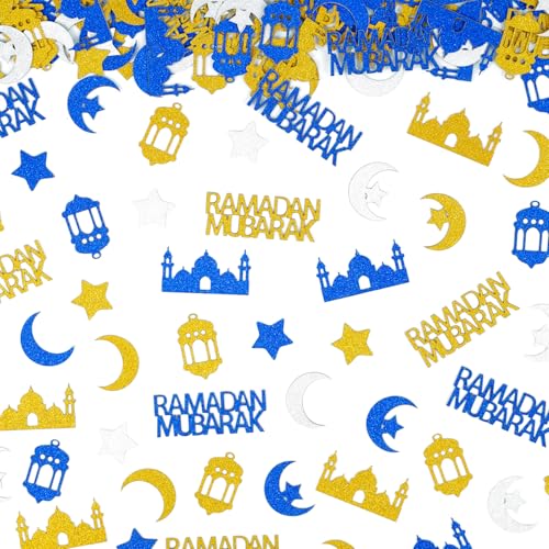 Ramadan Mubarak(رمضان مبارك) Confetti Decorations - Blue Gold Silver Glitter Ramadan Table Confetti for Eid Party, Iftar Dinner, Muslim Holiday Celebration, Home Table Scatter Decor Supplies(115pcs)