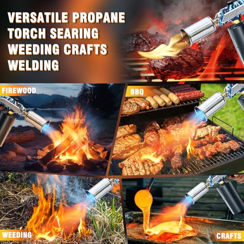 Powerful Grill & Cooking Propane Torch With a Safety Lock, Sous Vide, Welding Torch, Adjustable Wood Torch Burner for Searing Steak, BBQ, Campfire Starter,Navy Blue(Tank Not Included)