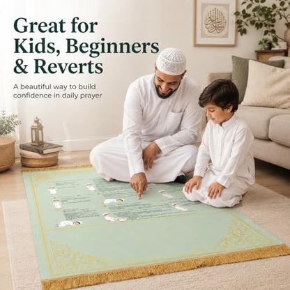 Muslim Prayer Rug: Complete Prayer Mat with Instructions, Takbir to Tasleem | Suede. Step-by-step muslim prayer rug with instructions. Home, travel, car, school. Great for beginners/kids/reverts. - color: Green