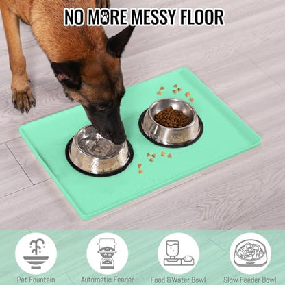 MateeyLife Dog & Cat Food Mat - Waterproof, Nonslip Dog Bowl Mats with Raised Edges, Silicone Matt Tray for Messy Drinkers, 22"x14", MintGreen - color: Green, size: 22''×14''