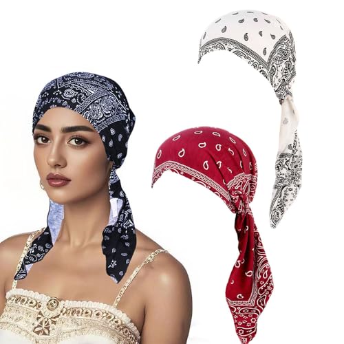 3 Packed Women's Pre Tied Head Scarves Slip On Chemo Beanies Hair Cover Headwrap Caps - color: C3-cashew-3 Packed