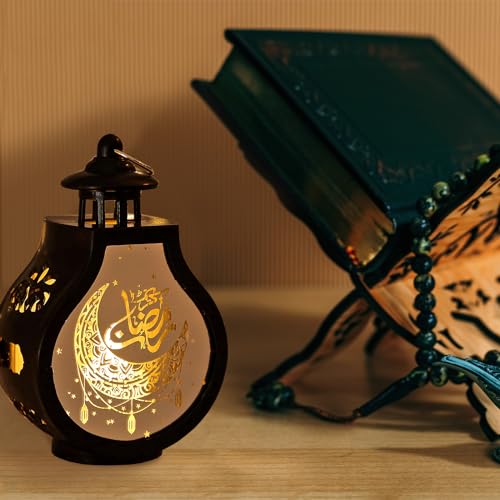ABTOLS 2 Pieces Ramadan Lantern Decoration，Mini LED Eid Mubarak Moon Lamp Ramadan Hanging Candle Lantern Black Islamic Muslim Light Lantern for Home Tabletop Decor Creative Party Supplies