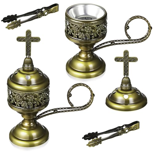 Zonon 2 Sets Incense Burner with Tong, Frankincense Charcoal Incense Stand Holder, Ideal for Yoga, Spa, Aromatherapy, Home and Christian Church Censer (Bronze,Classic) - color: Bronze, size: Classic