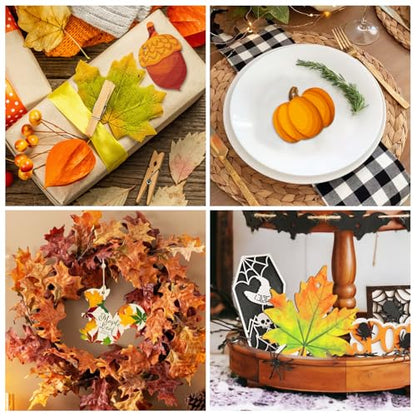 추수감사절 장식을 칠할 수 있는 나무 가을 장식품 36개, 6가지 스타일 DIY 빈 가을 미완성 나무 단풍나무 잎 칠면조 호박 할로윈 컷아웃 장식품 공예 생일 파티 선물 걸이 - color: 가을.