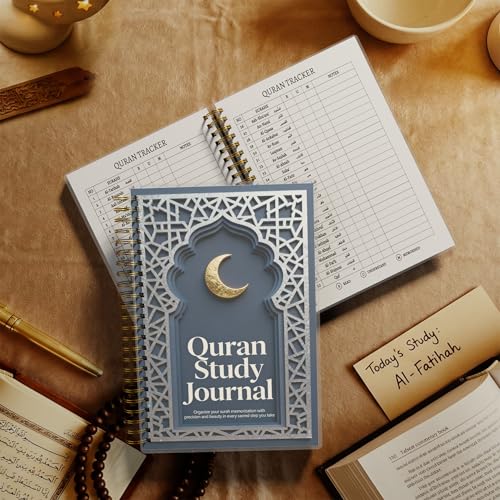 Premium Quran Study Journal - A5 Spiral Bound Islamic Reflection Notebook with 120 Pages 100gsm Thick Paper - Arabic & Translation Tracker for Daily Quranic Study, Memorization & Ramadan Gifts (Navy Crescent) - color: Navy Crescent