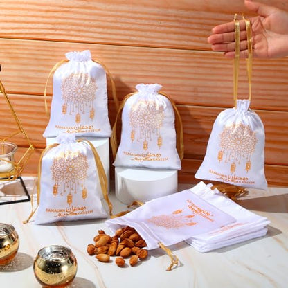 Coume 100 Pcs Eid Ramadan Mubarak Satin Gift Bags with Drawstring 5 x 7 Inch Silk Eid Party Favor Jewelry Pouches for Ramadan Supplies Candy Bags Muslim Party Decoration