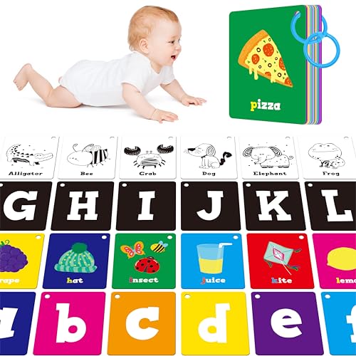 52 PCS Baby Visual Stimulus Cards, Double-Sided High Contrast Black and White, Colorful Alphabet Words Flashcards, Visual Sensory Development Montessori Cards Set for Newborn Baby, Kids, Preschool - style: Alphabet Words