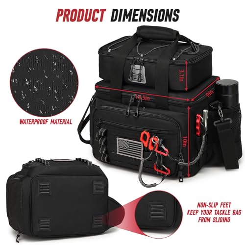 Fishing Tackle Bag, Equipped With 4 Tackle Boxes and Detachable Reel Storage Pouch, Waterproof Fishing Gear Organizer, Adjustable Shoulder Strap Fishing Bags for Saltwater & Freshwater - color: Black-4 Tackle Boxes
