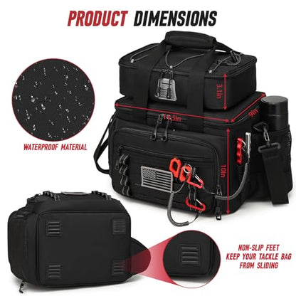 Fishing Tackle Bag, Equipped With 4 Tackle Boxes and Detachable Reel Storage Pouch, Waterproof Fishing Gear Organizer, Adjustable Shoulder Strap Fishing Bags for Saltwater & Freshwater - color: Black-4 Tackle Boxes