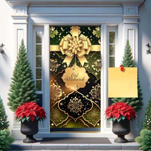 Eid Mubarak Door Cover Banner 71x35 Inch Green and Gold Islamic Festive Decoration for Ramadan Eid Celebration Home Porch Wall Indoor Outdoor - color: Style 3