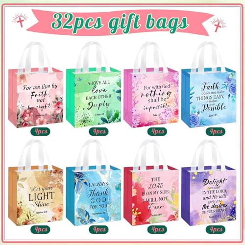 HunnmingRe Christian Gift Bags Bulk, Reusable Flower Religious Bible Verse Tote with Handles Non Woven Scripture Pastor Blessing Gift for Baptism Church Wedding Favors(32 Pcs,Flower) - style: Flower