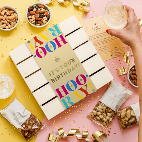 Happy Birthday Food Gift Basket, Healthy Nut Gift Tray, Birthday Snack Treat in Reusable Wooden Crate, Gourmet Assorted Food Delivery, Birthday Snack Box, For Men, Women and Families, Bonnie & Pop - style: Birthday