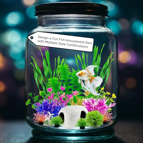 Aquarium Decorations Set, 16Pieces Artificial Plastic Plants & Smooth Fish Cave Rock, Non-Damaging Ornaments for Fish Tank with Gift Box Packaging, Goldfish & Betta Fish Tank Accessories