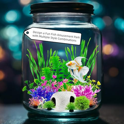 Aquarium Decorations Set, 16Pieces Artificial Plastic Plants & Smooth Fish Cave Rock, Non-Damaging Ornaments for Fish Tank with Gift Box Packaging, Goldfish & Betta Fish Tank Accessories